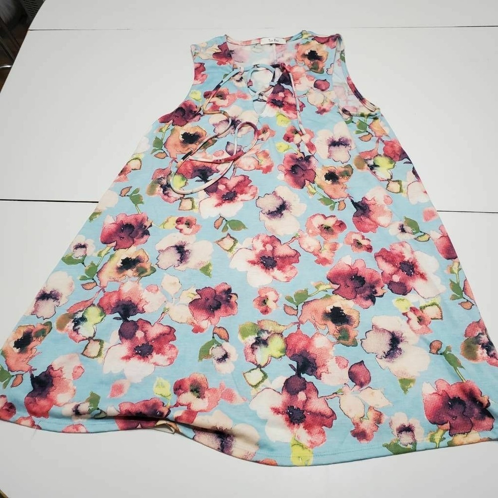 Tres Bien Womens Shift Dress Turquoise Pink Floral Lace Up V Neck Sleeveless M